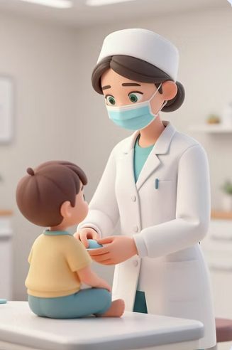 Soignante masquée examinant un jeune enfant assis sur la table d'examen